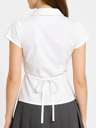 Vista 5 de SUNNOW Blusa plisada de manga corta con botones en el pecho para mujer, blusa casual