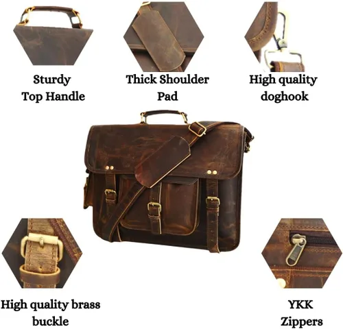Vista 5 de Satchel And Fable Bolsa de mensajero de cuero de 16 pulgadas para hombre, hecha a mano, vintage, portátil, maletín de oficina marrón