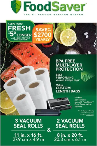 Vista 2 de FoodSaver Paquete múltiple de rollos de sellado al vacío de 8 y 11 pulgadas, bolsas selladoras al vacío sin BPA de tamaño personalizado, paquete