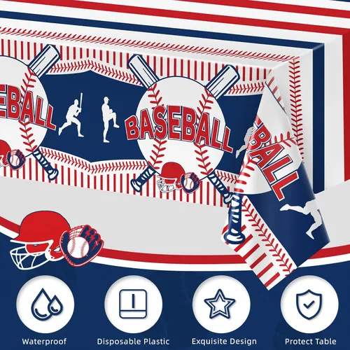 Vista 5 de Miucat Mantel de béisbol de 3 piezas, mantel de mesa y decoración de fiesta, mantel de plástico desechable, rectangular para juegos de béisbol
