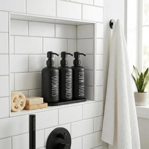 Vista 3 de MOMEEMO Botellas reutilizables para champú y acondicionador con bandeja Negro Negro