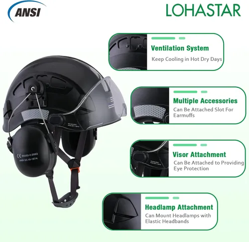 Vista 2 de Safety Helmet Hard Hat with Visor and Hearing Protection Vented ANSI Z89.1 Approved Work Helmet for Forestry Chainsaw Arborist Logging Helmet