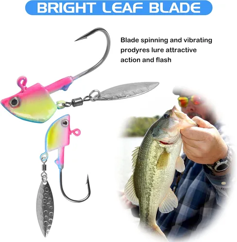 Vista 5 de Jig Heads anzuelos de pesca, 10 piezas de Walleye Jigs Spinner Baits Underspin Jig Heads con hoja de sauce colorido pintado resplandor plantillas