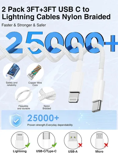 Vista 5 de Cable USB C a Lightning de 3/3 pies [certificado Apple MFi], cable tipo C a Lightning trenzado de nailon trenzado, cable de carga USBC a Lightning