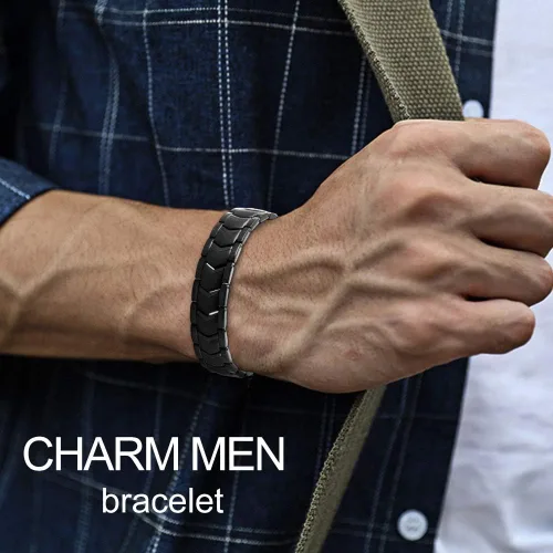 Vista 6 de KYOSI Pulsera magnética para hombres de tres filas de energía de acero inoxidable negro pulsera imán enlace joyería para hombre