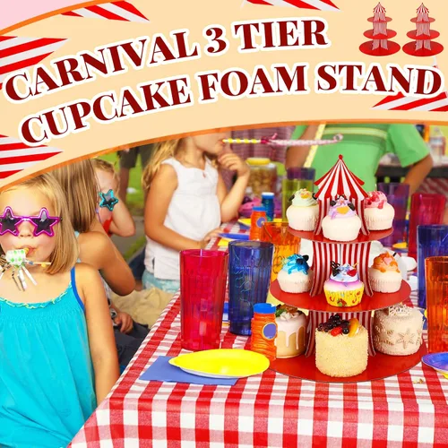 Vista 5 de Amyhill 2 soportes para cupcakes de carnaval de cartón de 3 niveles, soporte para cupcakes de circo a rayas rojas y blancas para exhibiciones