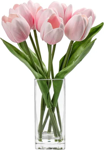 Vista 15 de Briful Flores Artificiales Flor de Tulipán Artificial Blanca en Jarrón Transparente, Arreglo de Tulipanes de Espuma de Tacto Real Adecuado