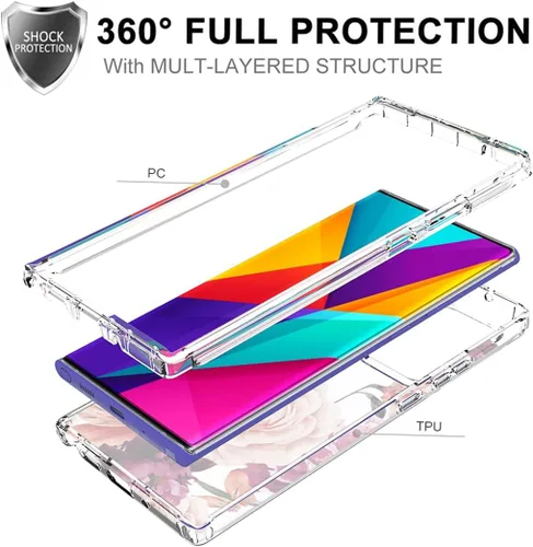 Vista 3 de Funda para Galaxy Note 20 Ultra 5G N986U con protector de pantalla de vidrio templado, funda protectora de cuerpo completo con patrón floral