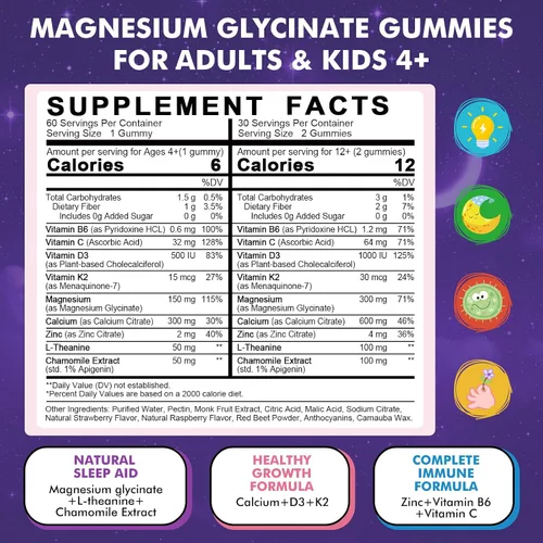 Vista 8 de Gomitas de glicinato de magnesio para niños mayores de 4 años y adultos, glicinato de magnesio 150/300 mg para sueño natural, relajación y apoyo