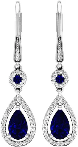 Vista 3 de Dazzlingrock Collection 14K 8X5 MM Each Lab Created Round & Pear Gemstone & Round Diamond Teardrop Dangling Earrings, White Gold