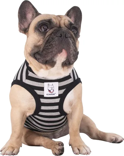 Vista 54 de iChoue - Camisetas de rayas de algodón 100% transpirable para Bulldog francés, chaleco de Halloween para perros medianos, camisetas Frenchie Pug