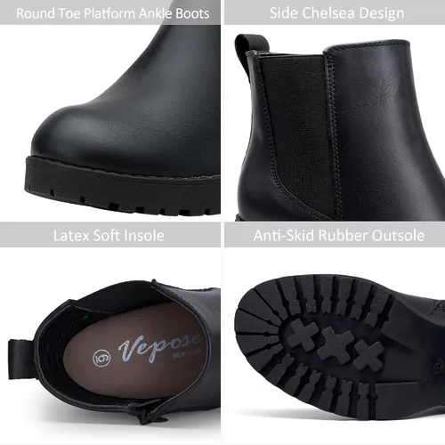 Vista 4 de Vepose Botines de moda para mujer, tacón bajo grueso, plataforma Chelsea para mujer
