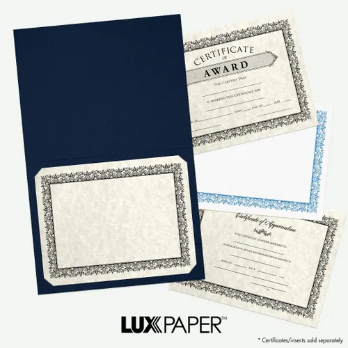 Vista 5 de LUXPaper Porta certificados de 9.5 x 12 pulgadas, lino azul náutico, borde de lámina dorada en relieve, cubierta de 100 libras, 25
