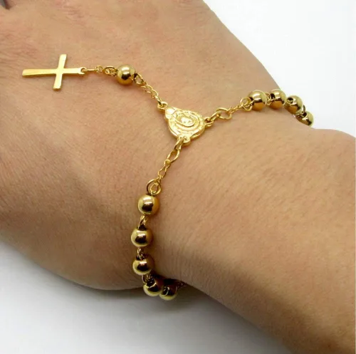 Vista 5 de Blowin Rosario de acero inoxidable pulsera de cruz de oración católica ajustable, oro