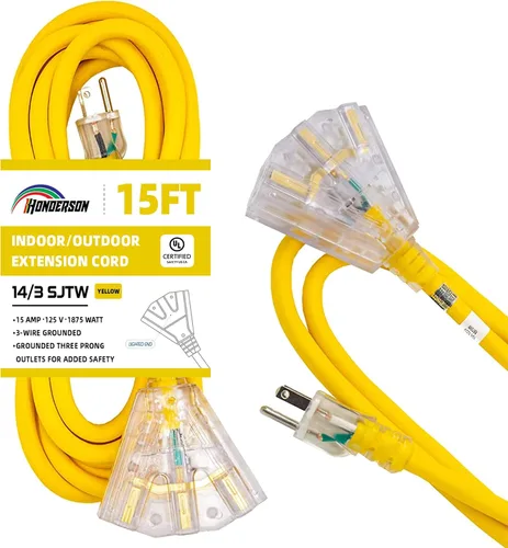 Vista 39 de Cable de extensión GFCI iluminado de 3 pies con 3 tomas de corriente, cable de extensión negro resistente SJTW 12/3 con enchufe a tierra de 3