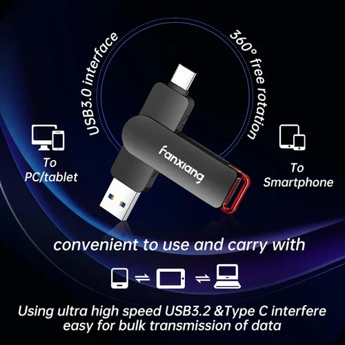 Vista 4 de fanxiang Unidad flash SSD externa de 256 GB, unidad de estado sólido portátil USB-C y USB-A de hasta 560 MB/s, unidad flash USB de aleación de zinc