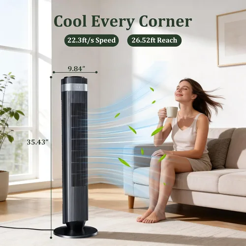 Vista 2 de Ventilador de torre para dormitorio, ventilador oscilante silencioso sin aspas de 28 dB con control remoto, 5 velocidades y 4 modos, temporizador