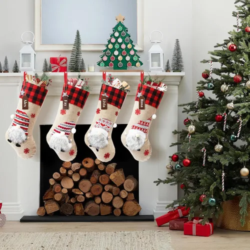 Vista 6 de Cysincos Calcetines de Navidad personalizados, paquete de 4 bolsas grandes para niños, calcetines colgantes para decoración de Navidad