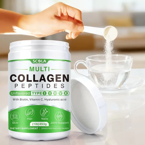 Vista 4 de SCOLA Péptidos de colágeno en polvo - Tipo I, II, III, V, X - Péptidos de colágeno hidrolizados con vitamina C ácido hialurónico, apoya la piel