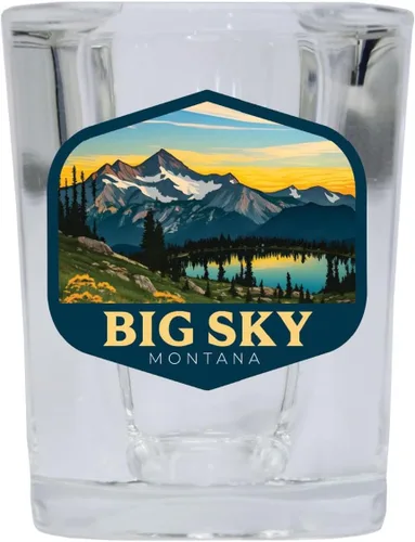 Vista 2 de Big Sky Montana Mountain and Lake Design Souvenir - Vaso de chupito cuadrado de 2.5 onzas, base azul, individual