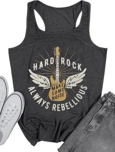 Vista 7 de Camiseta sin mangas de música Hard Rock Always Rebellious para mujer, camiseta gráfica de guitarra, chaleco de música country casual de verano
