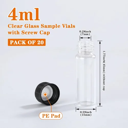 Vista 2 de Paquete de 20 Frascos de Vidrio Transparente de 0.135 fl oz con Tapas de Rosca, Frascos Pequeños para Líquidos para Aceite Esencial