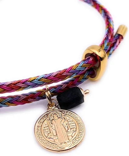 Vista 2 de Pulsera chapada en oro de 18 quilates de San Benito con dije de piedra auténtica de azabache Adjustable Cuerda Chapado en oro