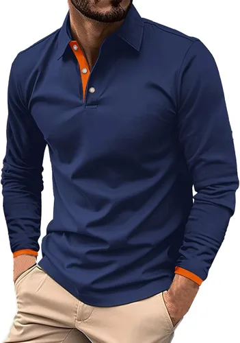 Vista 4 de Camisas polo de manga larga con estampado a rayas para hombre, camiseta de golf para exteriores, cuello en V, camiseta clásica de negocios