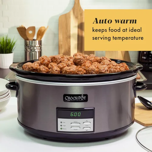 Vista 5 de Crock-Pot Olla de Cocción Lenta Programable Grande de 8 Cuartos con Ajuste de Calentamiento Automático, Acero Inoxidable Negro