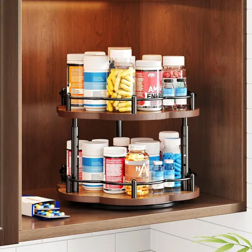 Vista 8 de Organizador de especias Lazy Susan para gabinete, organizador giratorio de especias de 2 niveles ajustable Lazy Susan organizador de especias