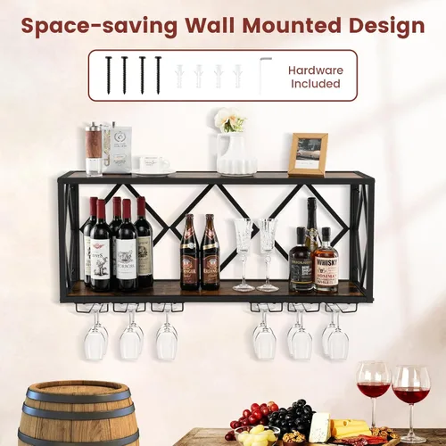 Vista 4 de Giantex Estante industrial para vino montado en la pared, soporte de pared de metal para 39 botellas de vino con 12 soportes para vidrio, estante