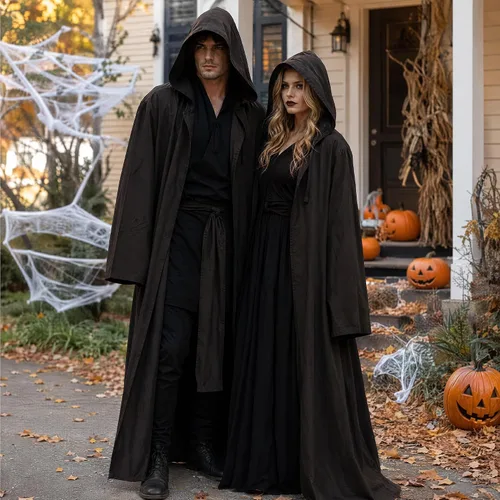Vista 5 de GraduationMall Capa negra con capucha para adultos, disfraz de cosplay de Halloween, bata de mago Sith y capa de disfraz de la parca Negro