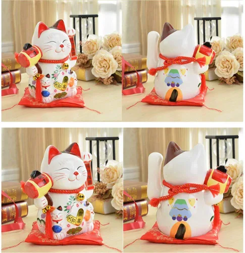 Vista 6 de Gato de la suerte de la fortuna de 10 pulgadas con brazo agitador operado en oro, gato chino Feng Shui Deoration Lucky Cat para tiendas