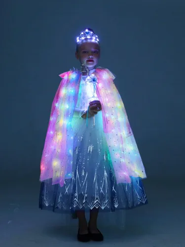 Vista 11 de Capa de princesa con luz LED para niñas con corona y cetro resplandeciente
