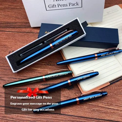 Vista 2 de Ancolo Pluma estilográfica personalizada con cuerpo de metal con caja para bolígrafos, 2 cartuchos de tinta negra personalizados con tu mensaje