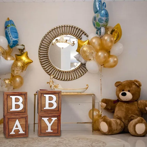 Vista 5 de BabyWood Cajas de grano marrón – Juego de regalo para bebé de 4 piezas con letras, tema de oso de peluche, decoración de fiesta de revelación
