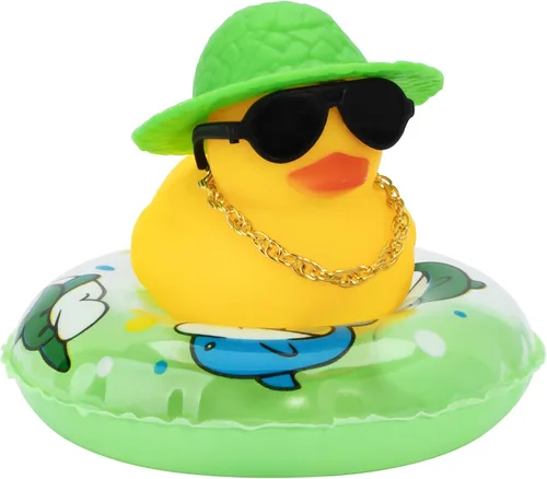 Vista 51 de wonuu Pato de goma para automóvil, decoración de pato amarillo con sombrero para el sol, anillo de natación, collar, gafas de sol para decoración