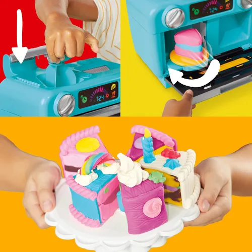 Vista 9 de Play-Doh Super Slice Cake Playset, horno de juguete con accesorios de cocina y 11 latas compuestas de modelado, artes y manualidades para niños, a