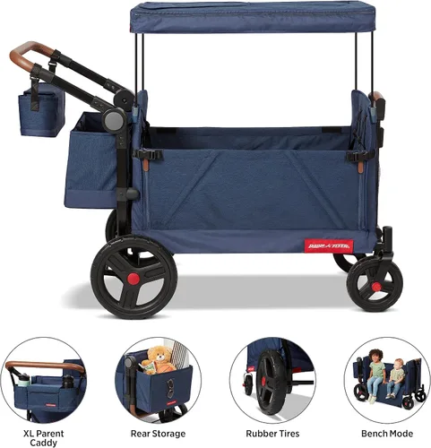Vista 2 de Radio Flyer Atlas Stroll 'N Wagon, azul marino, para mayores de 1 año, versatilidad de empuje o tracción 3 en 1, plegable con una sola mano, toldo
