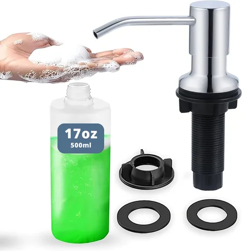 Vista 10 de SBEN Juego de dispensador de jabón de cocina empotrado (botella recargable grande de 17 oz incluida) - Dispensador de jabón de acero inoxidable