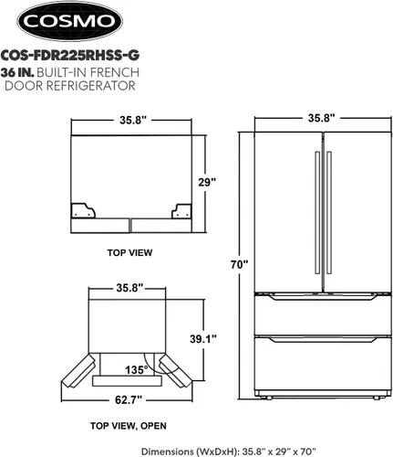 Vista 5 de 36 in. Lumin Coll 22.5 cu. ft. Refrigerador de puerta francesa, acero