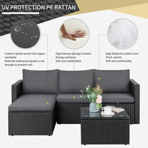 Vista 5 de JAMFLY Juego de sofá seccional de 3 piezas para exteriores con mesa de centro de cristal, muebles de mimbre de polietileno para todo tipo de clima