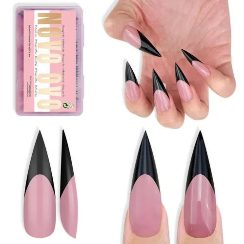 Vista 13 de NOVO OVO - Puntas de uñas postizas largas XL, puntiagudas, de tacón aguja, autoadhesivas, extra largas, gruesas, de gel suave, doble mate