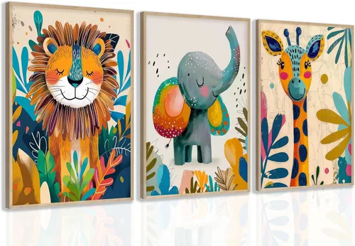 Vista 11 de 3 piezas de lienzo de animales de safari para guardería, arte de pared, lindo elefante acuarela, jirafa, león, decoración de pared, coloridos Póster