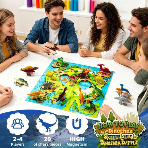 Vista 5 de Dinochez - Juego de ajedrez de dinosaurio, 20 piedras de dinosaurio y bolsa de almacenamiento portátil, juegos de mesa de estrategia