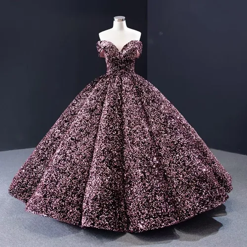 Vista 3 de Mollybridal Vestido de fiesta de quinceañera con lentejuelas con purpurina y cuello en V y hombros descubiertos, vestido formal de graduación 2025