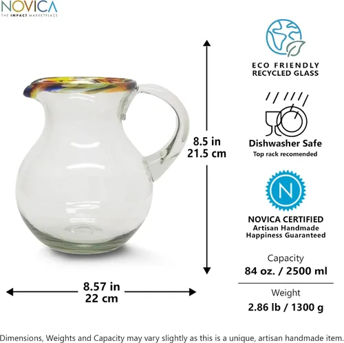 Vista 4 de NOVICA Jarra de vidrio soplado a mano con borde de confeti, 84 onzas, 'Confetti