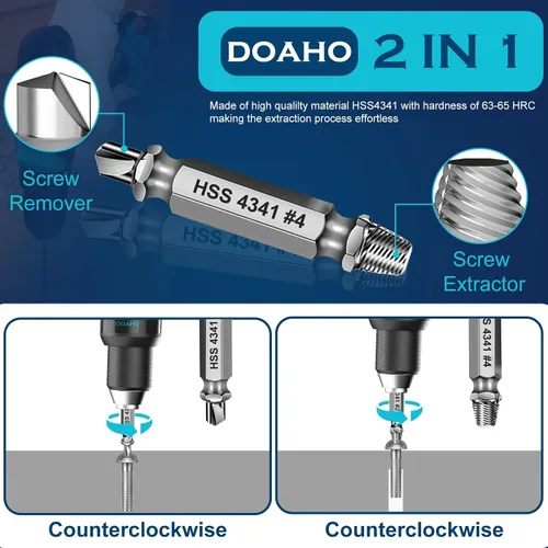Vista 5 de DOAHO Juego de extractor de tornillos dañados de 9 piezas, kit de extractor de tornillos HSS 4341 de 6 piezas y kit de brocas de 3 piezas