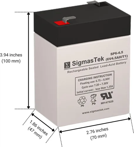 Vista 2 de SigmasTek Batería SP6-4.5 (T1), terminal F1/T1 de 6V 4.5Ah, AGM SLA recargable