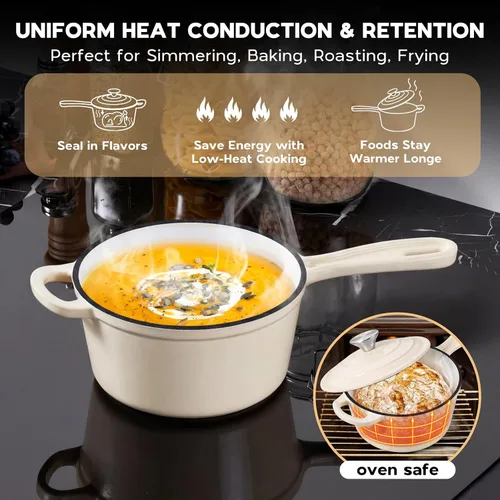 Vista 5 de Onader Sartén de hierro fundido esmaltado, cacerola pequeña de 1 cuarto de galón con tapa, olla de hierro fundido, horno holandés esmaltado, Blanco